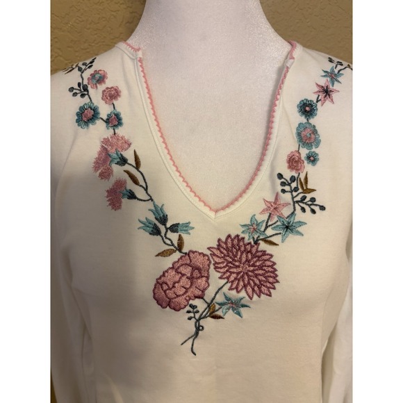 Laura Ashley Long Sleeve V Neck Top, Pink And Blue Embroidery, Medium - Picture 2 of 9